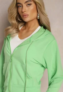 Jasnozielony Komplet Dresowy o Luźnym Kroju Bluza na Suwak z Kapturem i Spodnie Szerokie Ezorila