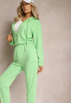 Jasnozielony Komplet Dresowy 2 Częściowy Luźne Spodnie i Bluza z Kapturem Fivana