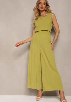 Jasnozielony Komplet z Bawełny Spodnie Culottes i Luźny Top Tinelia