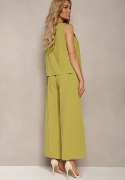 Jasnozielony Komplet z Bawełny Spodnie Culottes i Luźny Top Tinelia