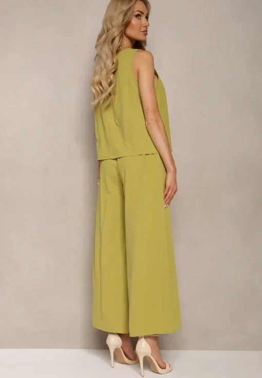 Jasnozielony Komplet z Bawełny Spodnie Culottes i Luźny Top Tinelia