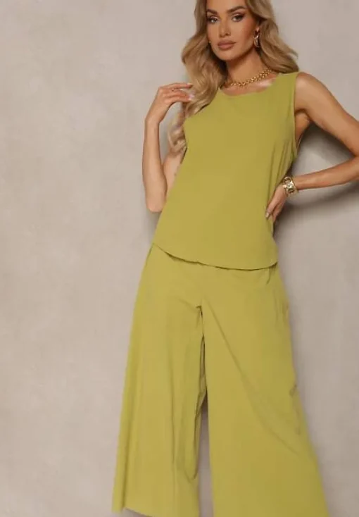 Jasnozielony Komplet z Bawełny Spodnie Culottes i Luźny Top Tinelia