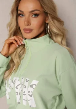 Jasnozielony Komplet z Napisem Bluza Krótka i Spodnie ze Ściągaczami Nimilia
