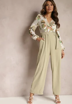 Jasnozielony Kwiatowy Kombinezon z Kopertowym Dekoltem z Paskiem i Szerokimi Nogawkami Vinia