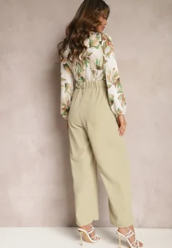 Jasnozielony Kwiatowy Kombinezon z Kopertowym Dekoltem z Paskiem i Szerokimi Nogawkami Vinia
