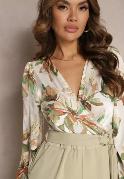 Jasnozielony Kwiatowy Kombinezon z Kopertowym Dekoltem z Paskiem i Szerokimi Nogawkami Vinia