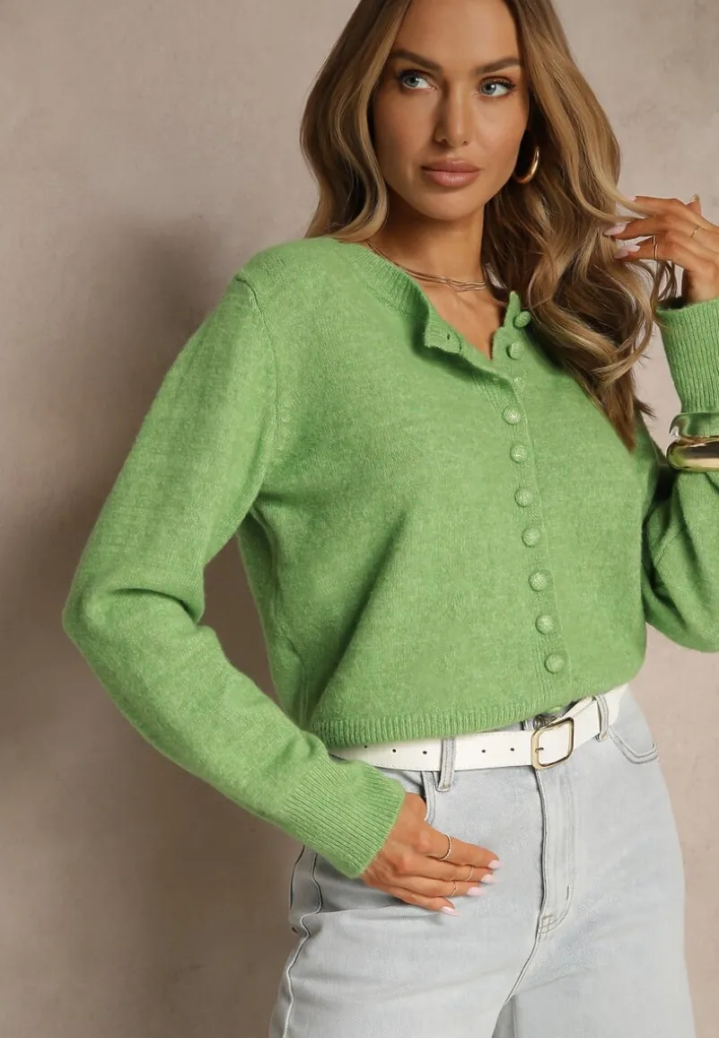 Jasnozielony Rozpinany Kardigan z Wełną Kornelira