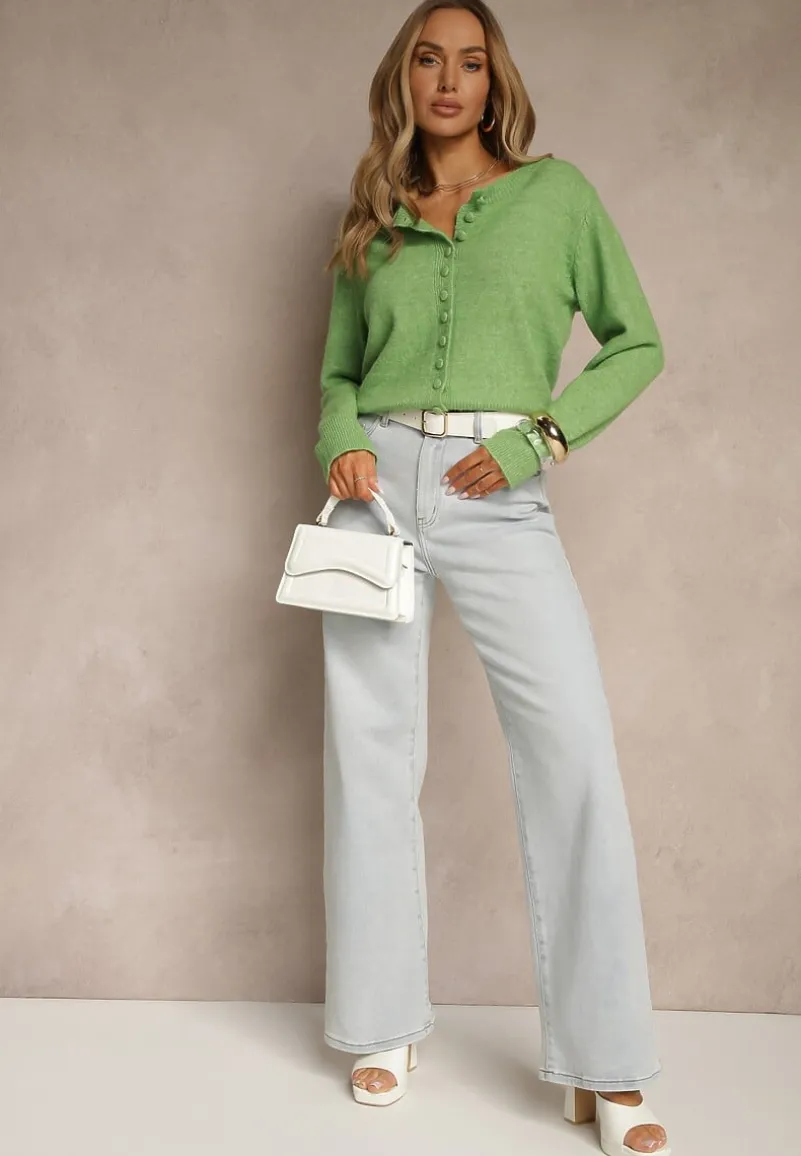 Jasnozielony Rozpinany Kardigan z Wełną Kornelira