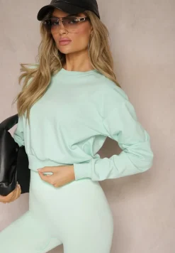 Miętowa Bluza z Bawełną ze Ściągaczami przy Rękawach i w Pasie Alberia
