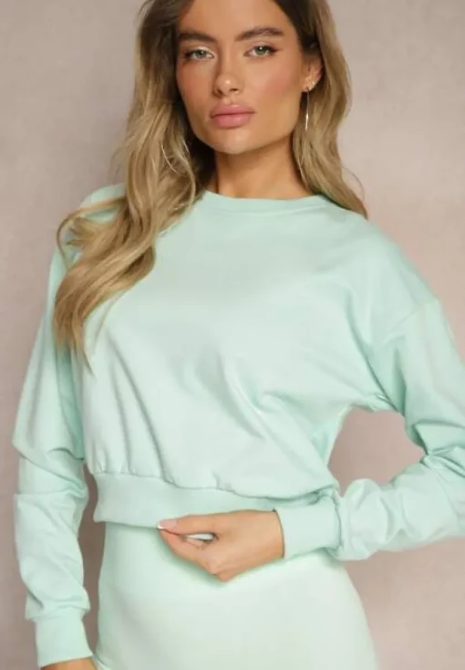 Miętowa Bluza z Bawełną ze Ściągaczami przy Rękawach i w Pasie Alberia