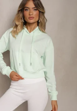 Miętowa Bluza z Kapturem i Bawełną Ozdobiona Ściągaczami Evianae