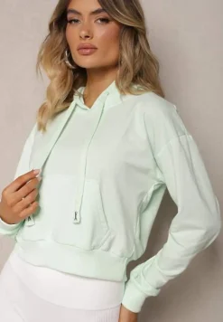 Miętowa Bluza z Kapturem i Bawełną Ozdobiona Ściągaczami Evianae