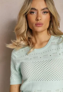 Miętowa Klasyczna Bluzka w Ażurowy Wzór Lidakra