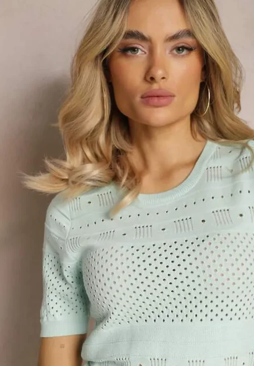 Miętowa Klasyczna Bluzka w Ażurowy Wzór Lidakra