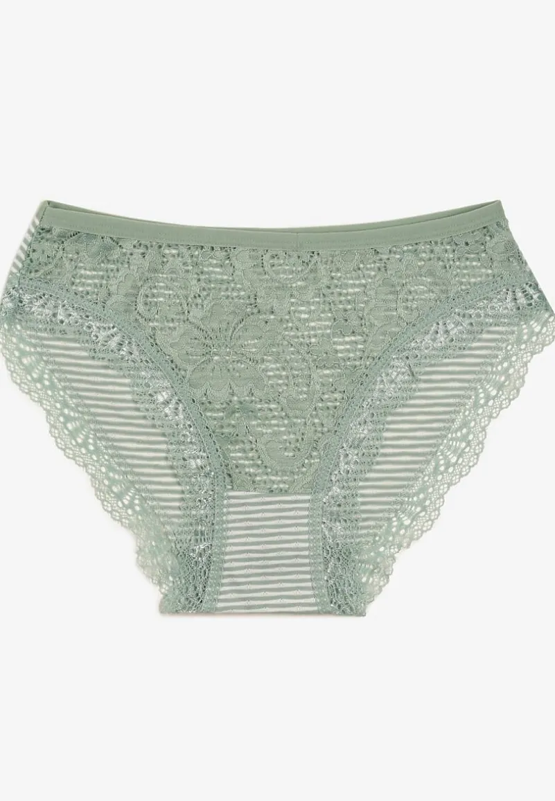 Miętowe Bawełniane Majtki Figi w Paski z Ozdobną Koronką Pelira