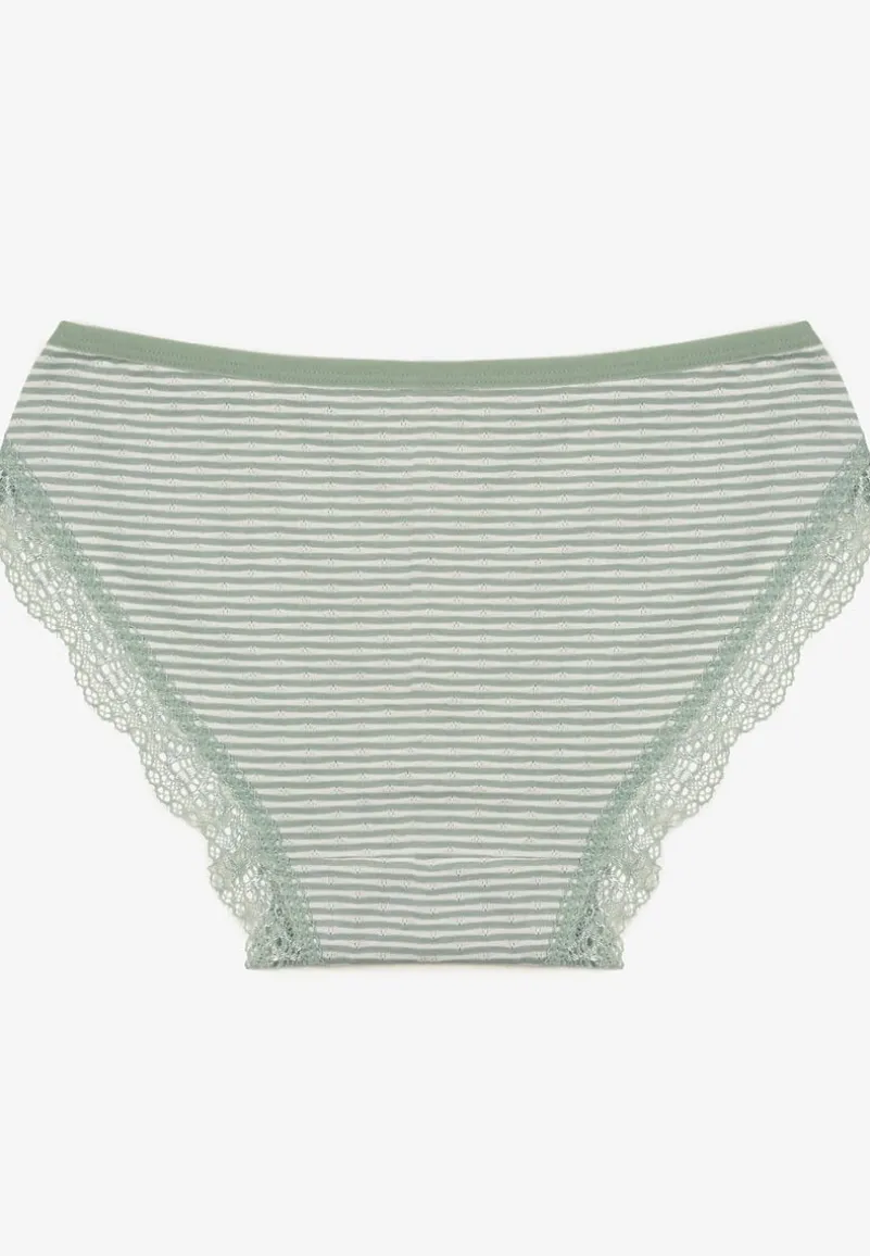 Miętowe Bawełniane Majtki Figi w Paski z Ozdobną Koronką Pelira