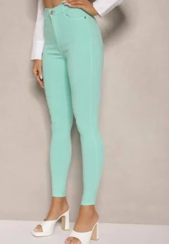 Miętowe Skinny Jeansy z Bawełną High Waist Lorie