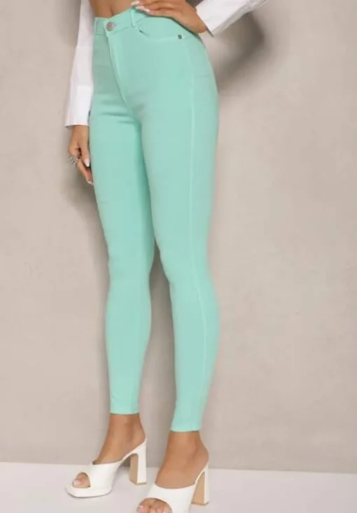 Miętowe Skinny Jeansy z Bawełną High Waist Lorie