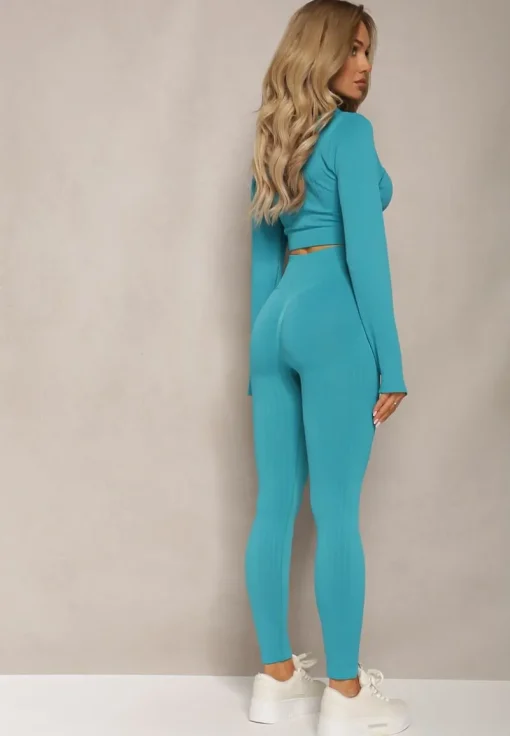 Miętowy Komplet Sportowy Fitnessowy Bluza z Suwakiem i Długim Rękawem Legginsy High Waist