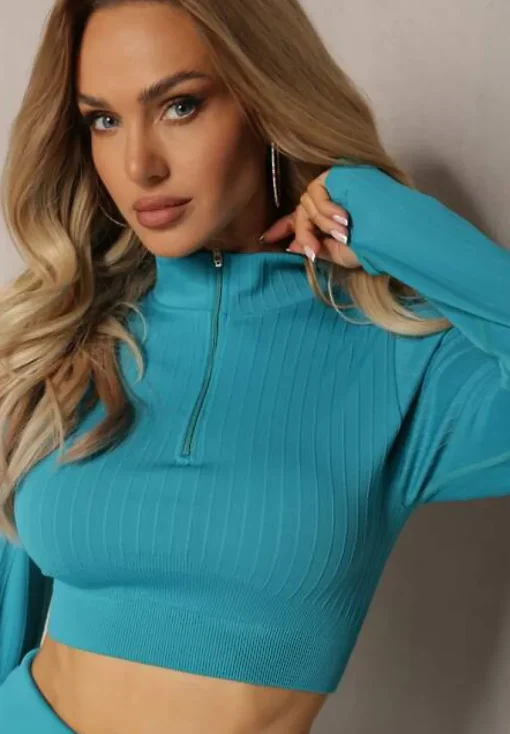 Miętowy Komplet Sportowy Fitnessowy Bluza z Suwakiem i Długim Rękawem Legginsy High Waist