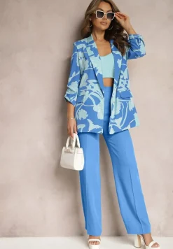 Niebieska Pudełkowa Marynarka o Kwiatowym Wzorze z Podpinanymi Rękawami o Dłuższym Kroju Destana