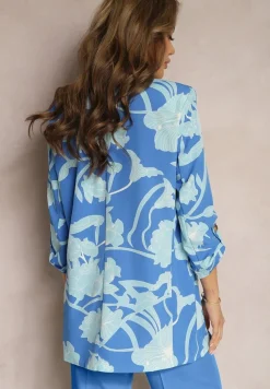 Niebieska Pudełkowa Marynarka o Kwiatowym Wzorze z Podpinanymi Rękawami o Dłuższym Kroju Destana