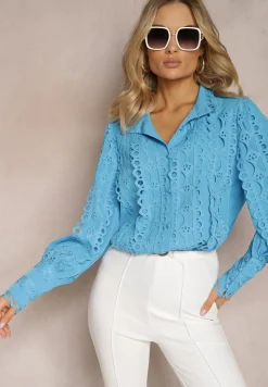 Niebieska Ażurowa Koszula z Elegancką Stójką Manuella