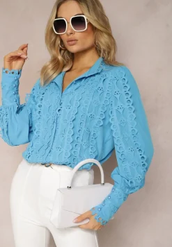 Niebieska Ażurowa Koszula z Elegancką Stójką Manuella