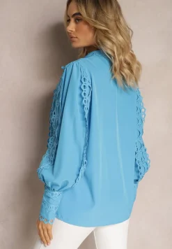 Niebieska Ażurowa Koszula z Elegancką Stójką Manuella