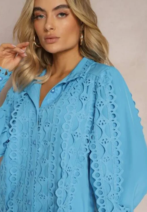 Niebieska Ażurowa Koszula z Elegancką Stójką Manuella