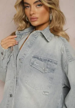 Niebieska Bawełniana Kurtka Koszulowa z Jeansu Oversize Femetia