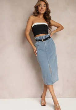 Niebieska Bawełniana Spódnica High Waist z Rozcięciem Paskiem i Gumką w Talii Crisbella