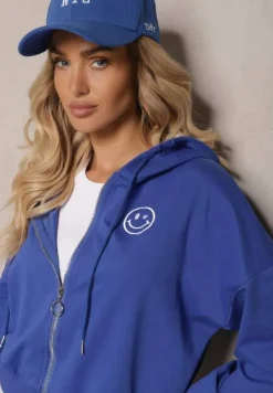 Niebieska Bluza Rozpinana z Wyszytą Emotką i Kapturem Cornoria