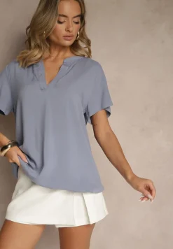 Niebieska Bluzka z Wiskozy z Dekoltem w Serek Savelae