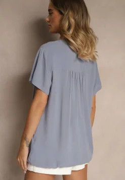 Niebieska Bluzka z Wiskozy z Dekoltem w Serek Savelae