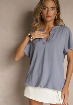 Niebieska Bluzka z Wiskozy z Dekoltem w Serek Savelae