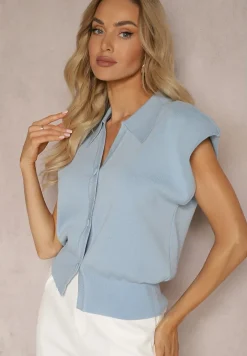 Niebieska Casualowa Bluzka Polo w Stylu Dzianinowej Kamizelki z Usztywnionymi Ramionami Aidelma