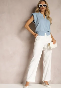 Niebieska Casualowa Bluzka Polo w Stylu Dzianinowej Kamizelki z Usztywnionymi Ramionami Aidelma