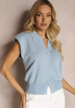 Niebieska Casualowa Bluzka Polo w Stylu Dzianinowej Kamizelki z Usztywnionymi Ramionami Aidelma
