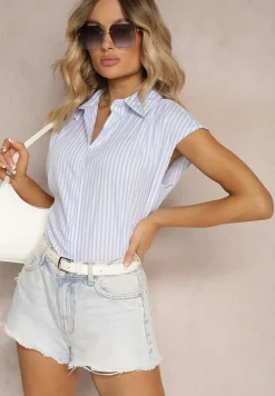 Niebieska Casualowa Koszula z Bawełny w Paski na Guziki Menatia