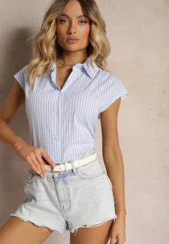 Niebieska Casualowa Koszula z Bawełny w Paski na Guziki Menatia