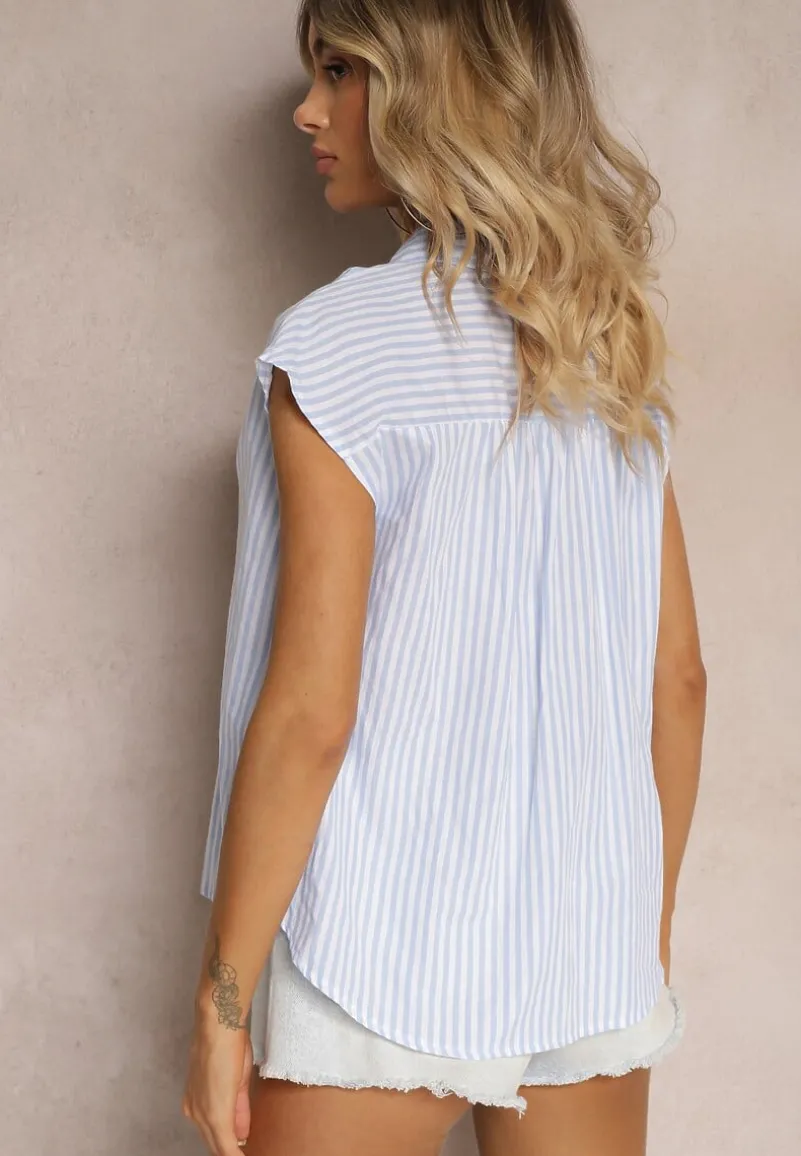 Niebieska Casualowa Koszula z Bawełny w Paski na Guziki Menatia