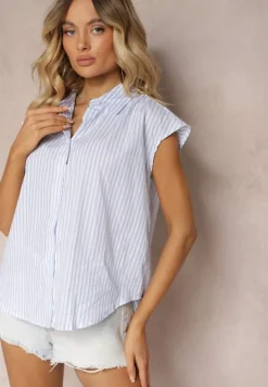 Niebieska Casualowa Koszula z Bawełny w Paski na Guziki Menatia