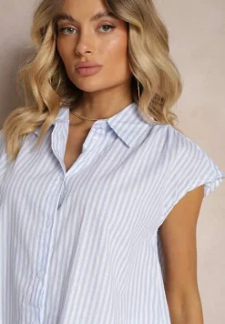 Niebieska Casualowa Koszula z Bawełny w Paski na Guziki Menatia