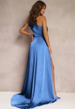 Niebieska Elegancka Sukienka na Jedno Ramię o Asymetrycznym Fasonie Leylane