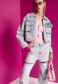 Niebieska Jeansowa Kurtka Oversize Cropped z Bawełny Tevissa