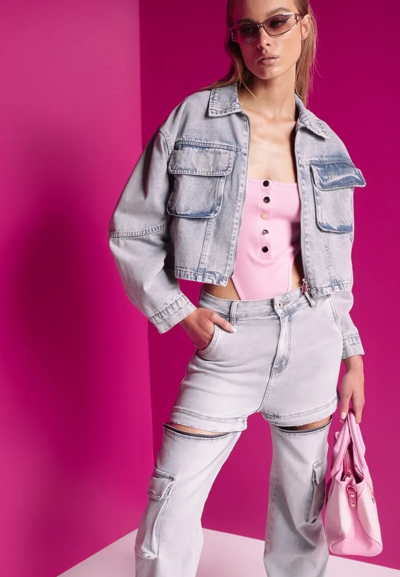 Niebieska Jeansowa Kurtka Oversize Cropped z Bawełny Tevissa