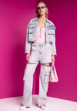 Niebieska Jeansowa Kurtka Oversize Cropped z Bawełny Tevissa