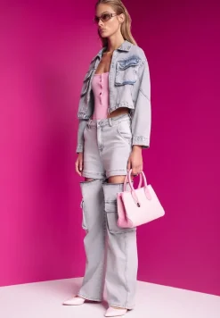 Niebieska Jeansowa Kurtka Oversize Cropped z Bawełny Tevissa