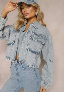 Niebieska Jeansowa Kurtka Oversize Cropped z Bawełny Tevissa